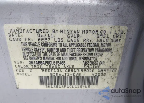 2012 Nissan Sentra 2.0 Sr из США, поврежденный, VIN 3N1AB6AP6CL615465